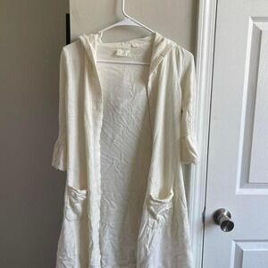 Cream Knit Hooded Open Front Cardigan Bell Sleeve Ruffle Pockets S M‎